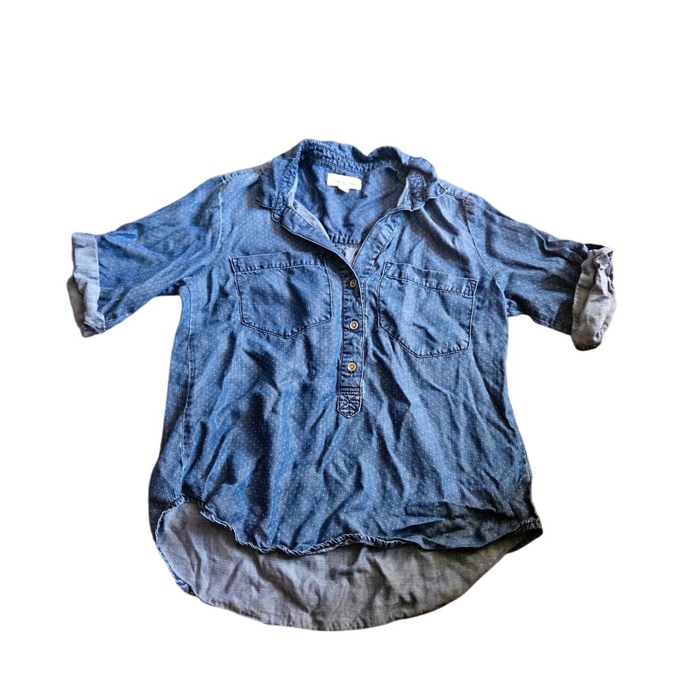 Cloth & Stone Womens Blue Polka Dot Chambray Roll Tab Button Down Shirt Medium